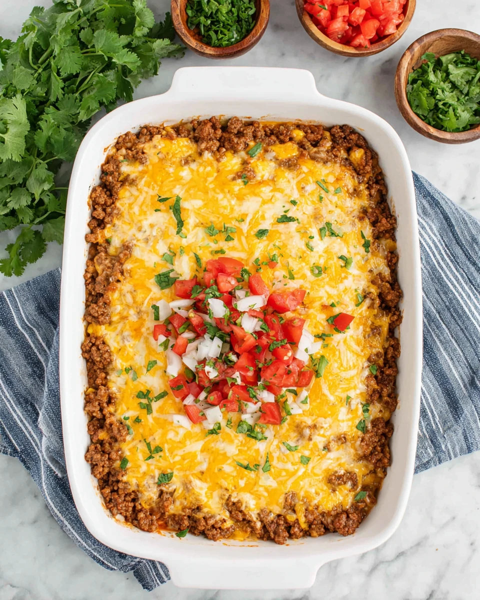 Savory Turkey Taco Casserole Recipe Delicious turkey taco casserole ready to be topped.