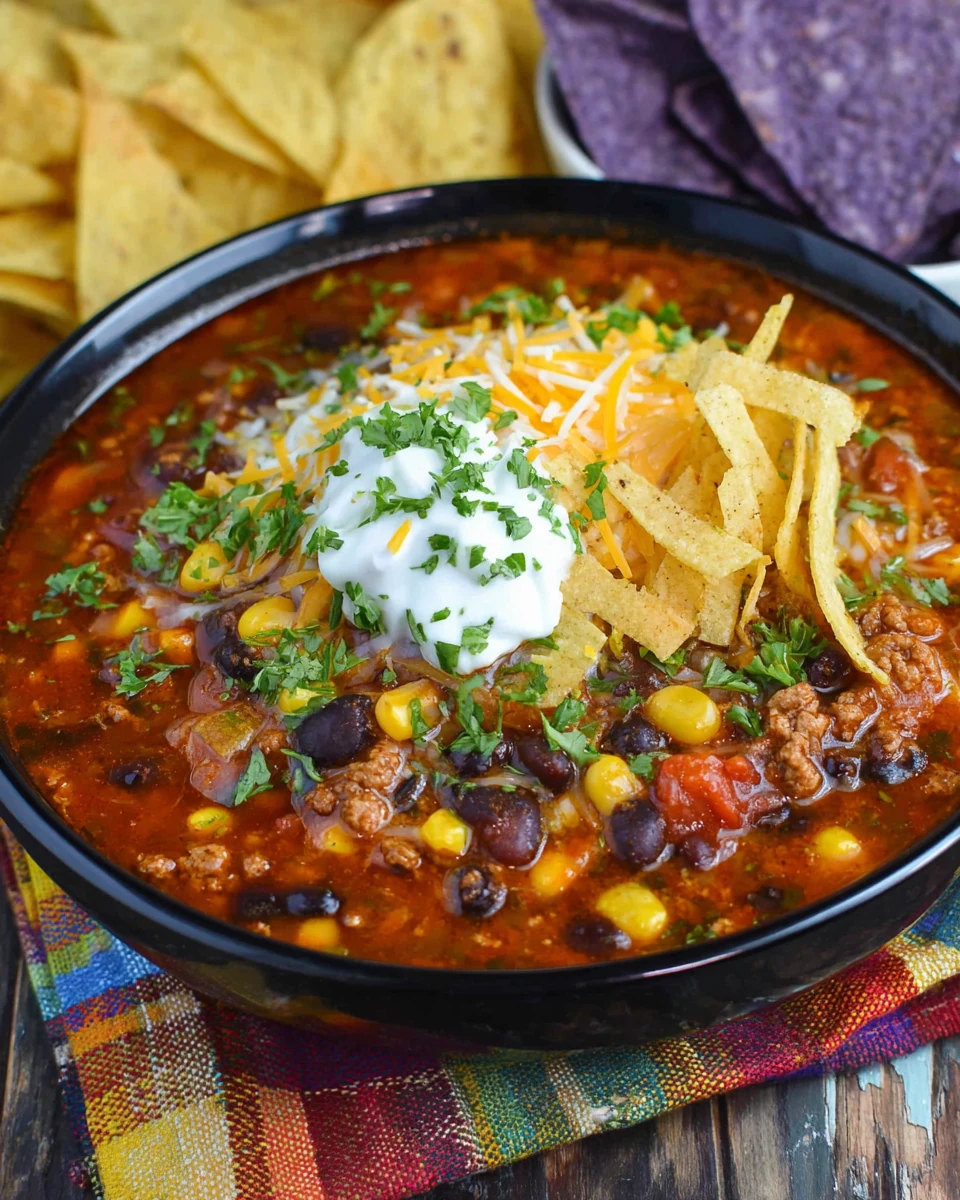 Tasty Turkey Taco Soup Recipe Delicious turkey taco soup with ingredients like corn, black beans, and toppings.