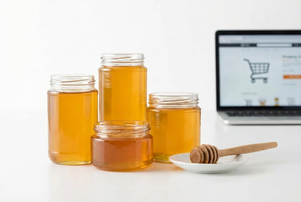 Where to buy Canaan honey shown with plain jars of golden honey and a laptop on white.