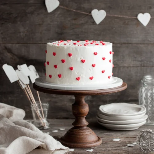 Delicious Valentine's cake decorated with red hearts.
