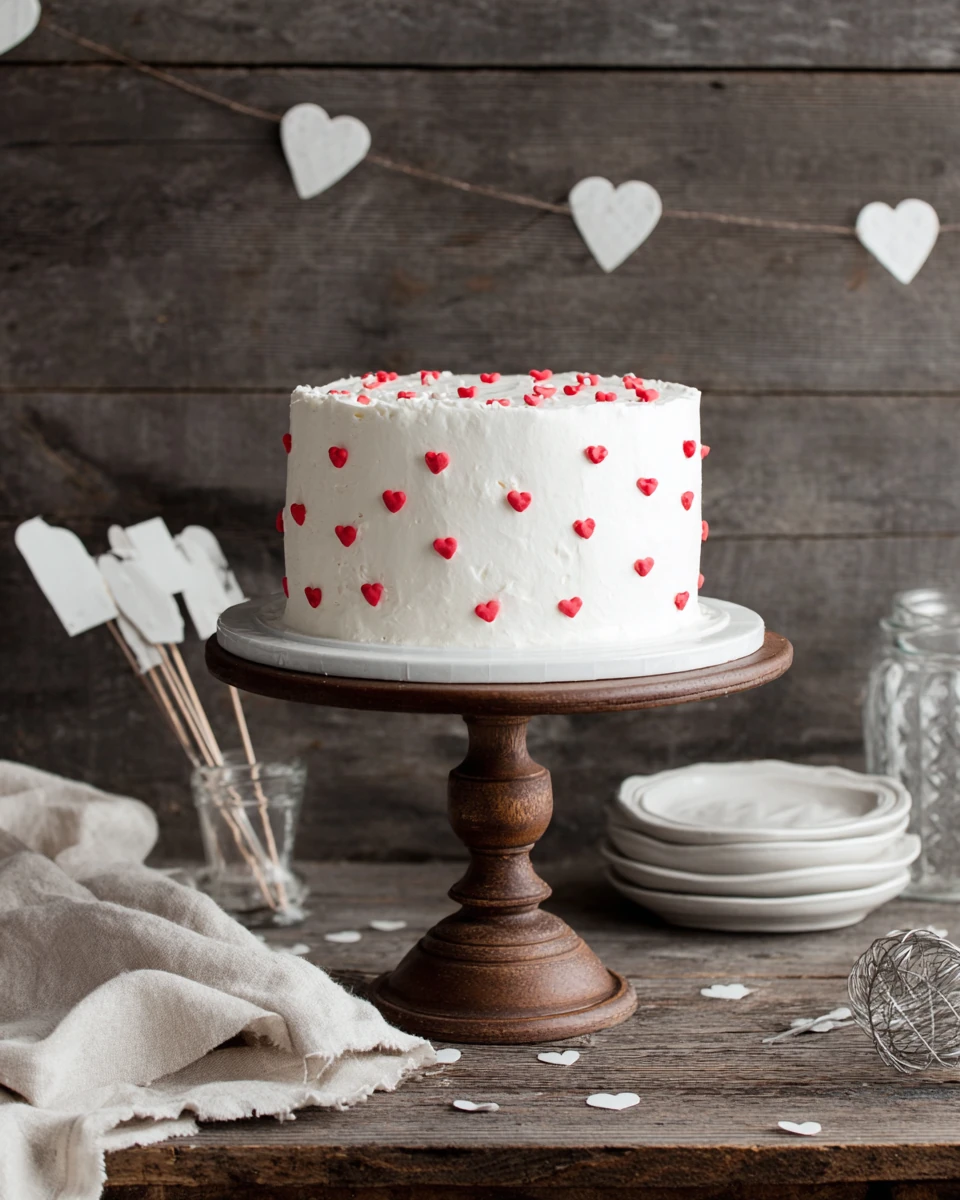 Delicious Valentine's cake decorated with red hearts.