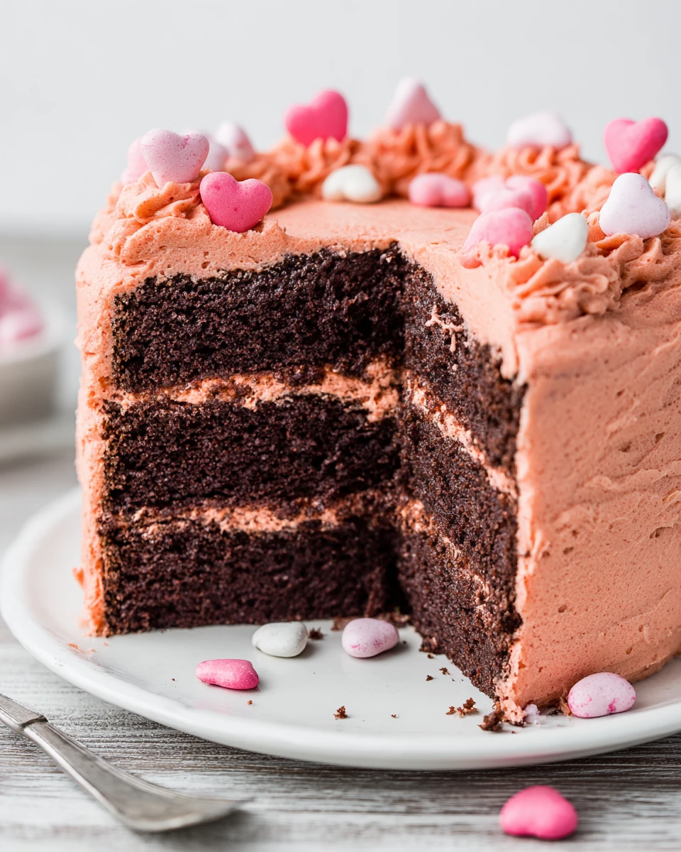 Delicious Valentine's Day cake with chocolate and strawberry flavors.