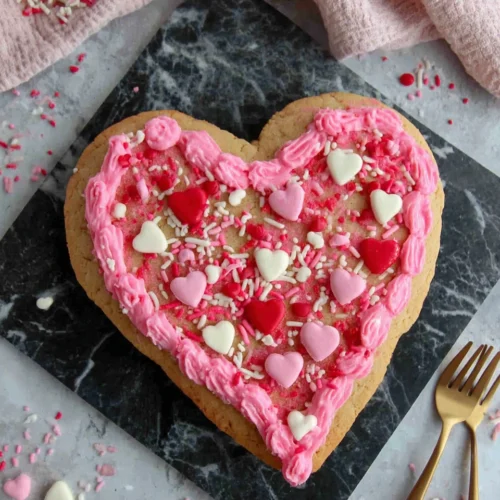 Heart-shaped Valentine's Day cookie topped with pink frosting and heart sprinkles