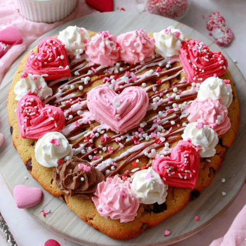 Delicious Valentine's Day cookie cake decorated with pink frosting.