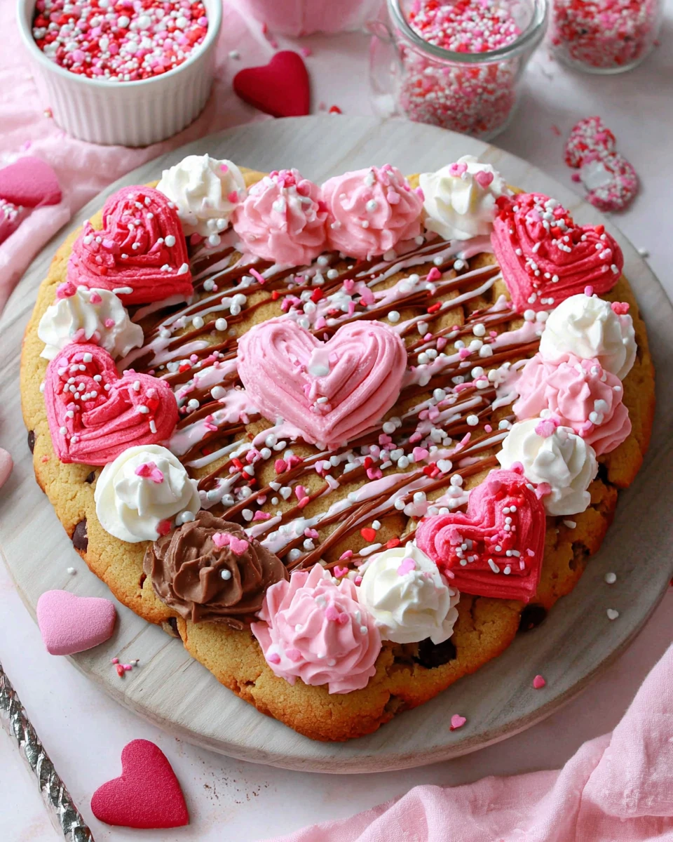 Delicious Valentine's Day cookie cake decorated with pink frosting.
