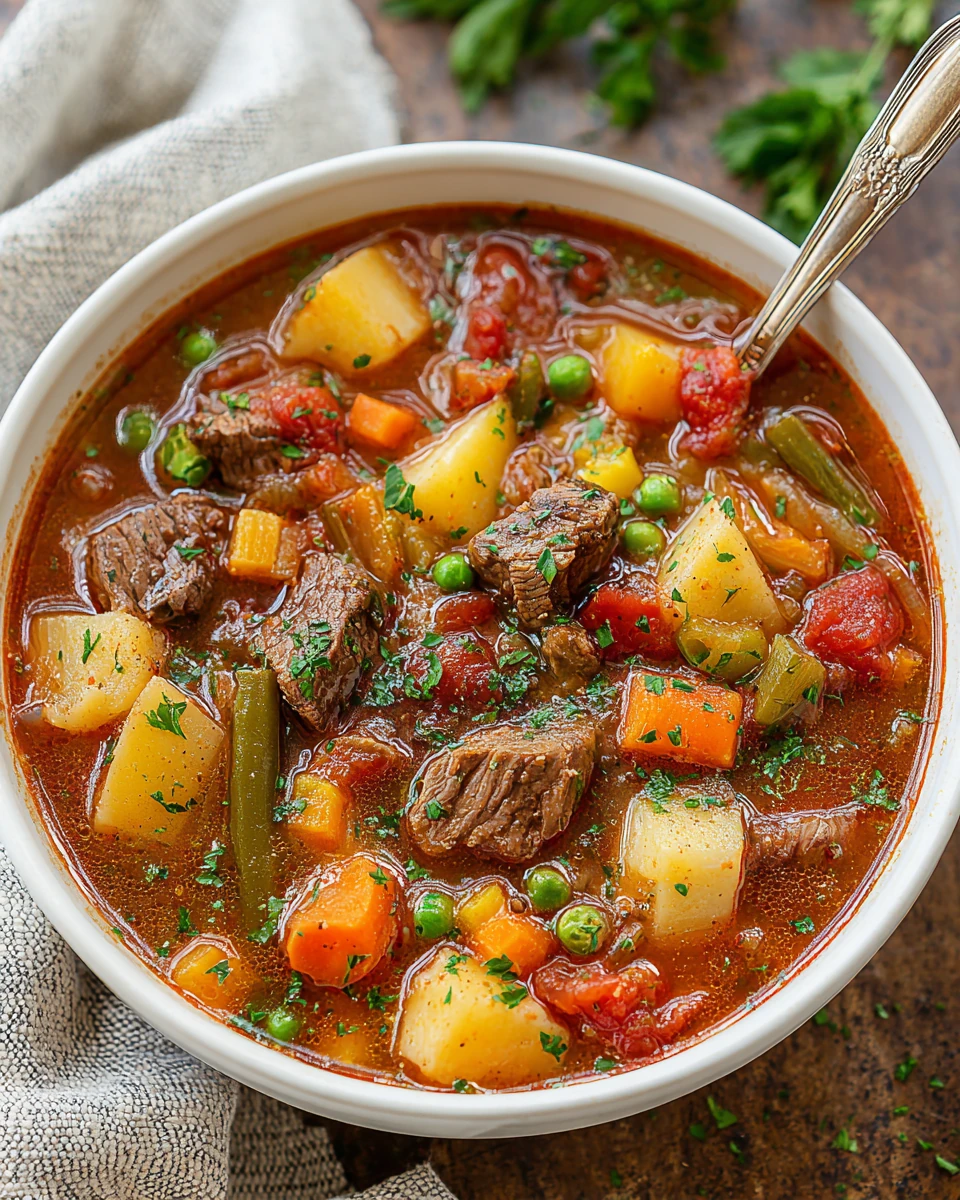 Delicious vegetable beef soup packed with tender beef and vibrant veggies.