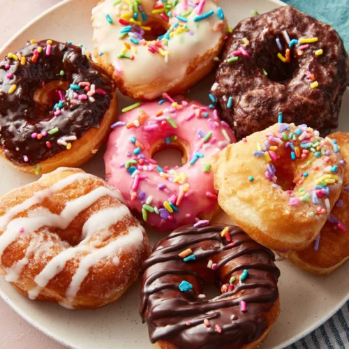 Air fryer doughnuts with colorful sprinkles and glazes.