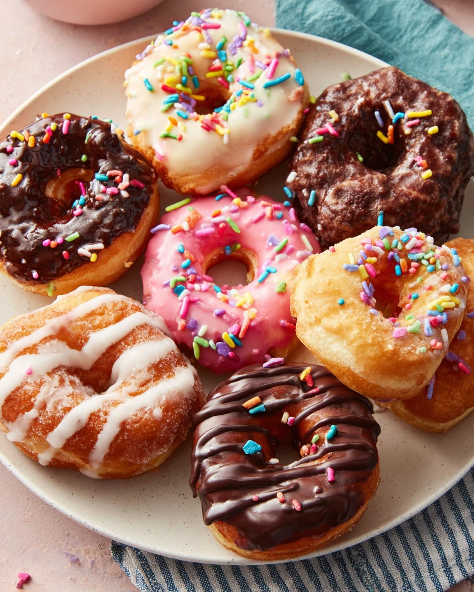 Air fryer doughnuts with colorful sprinkles and glazes.
