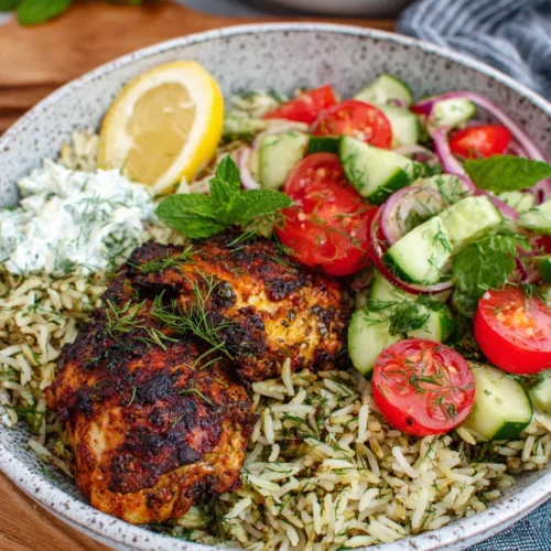 Baked Greek chicken served with lemon dill rice and salad.