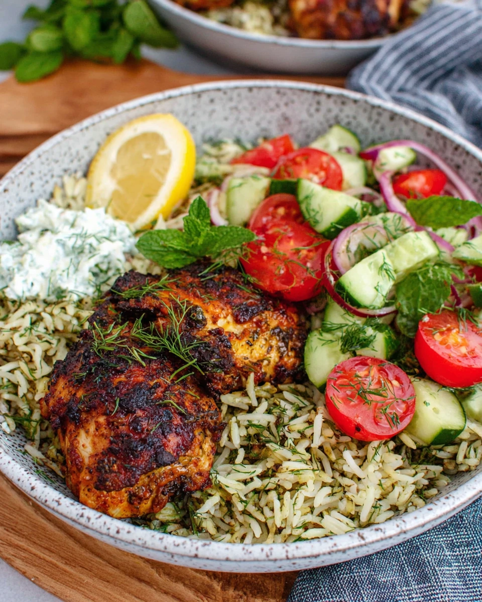 Baked Greek chicken served with lemon dill rice and salad.