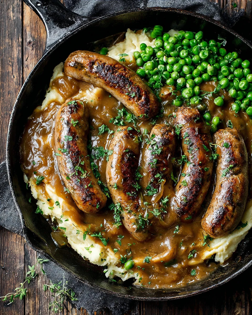 Classic Bangers and Mash Recipe Hearty bangers and mash with sausages and peas.