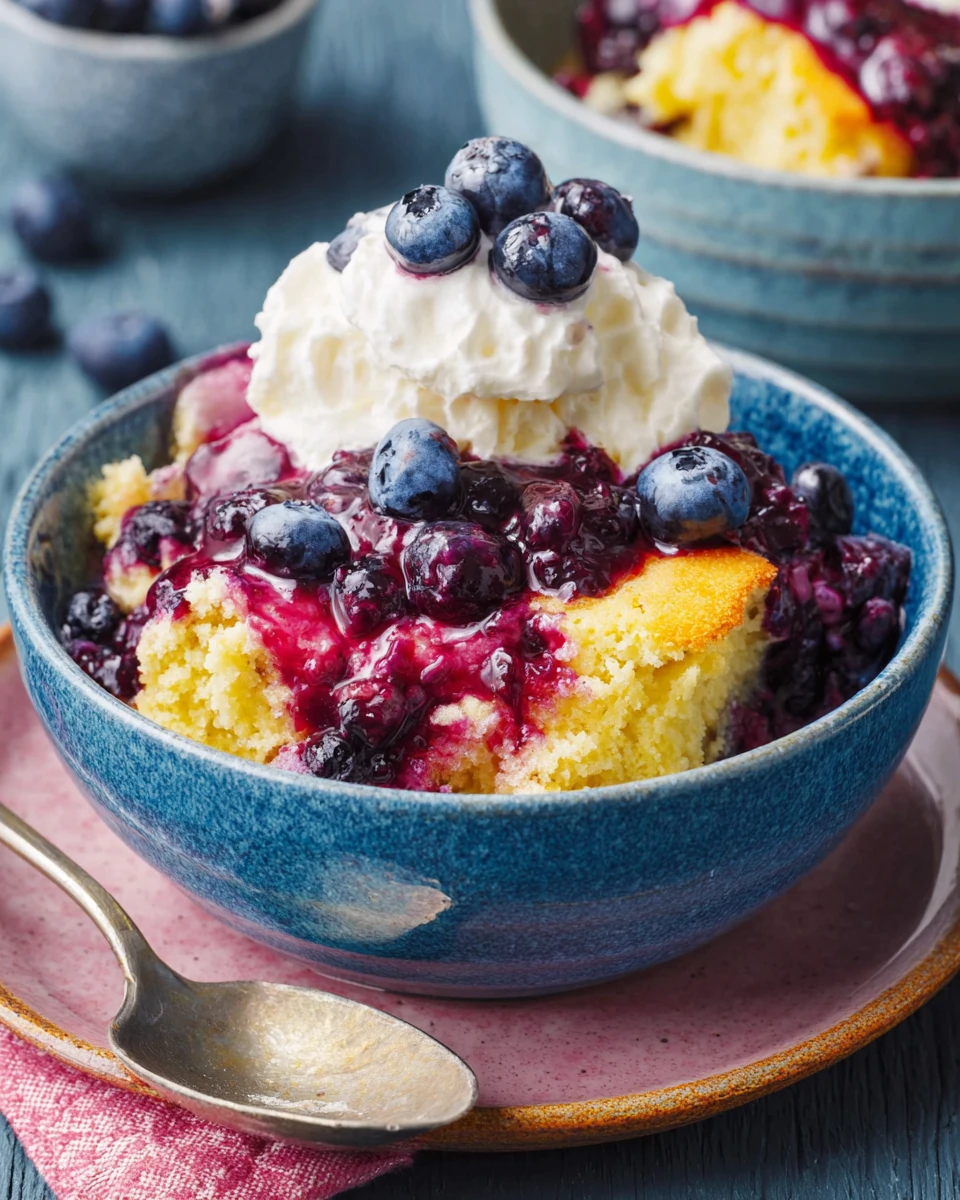 Irresistible Blueberry Cobbler Dessert Delicious blueberry cobbler dessert with whipped cream.