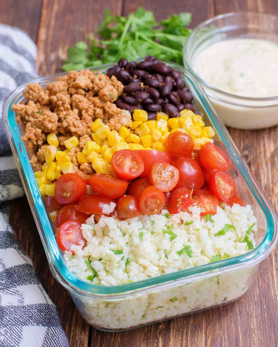 Healthy burrito bowls with cauliflower rice, chicken, beans, corn, and tomatoes.