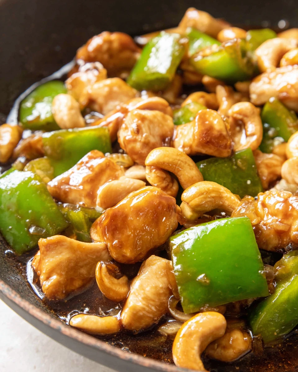 Delicious cashew chicken with crunchy cashews and vibrant green peppers.