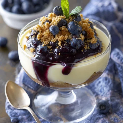 Indulgent cheesecake pudding dessert with berry sauce.