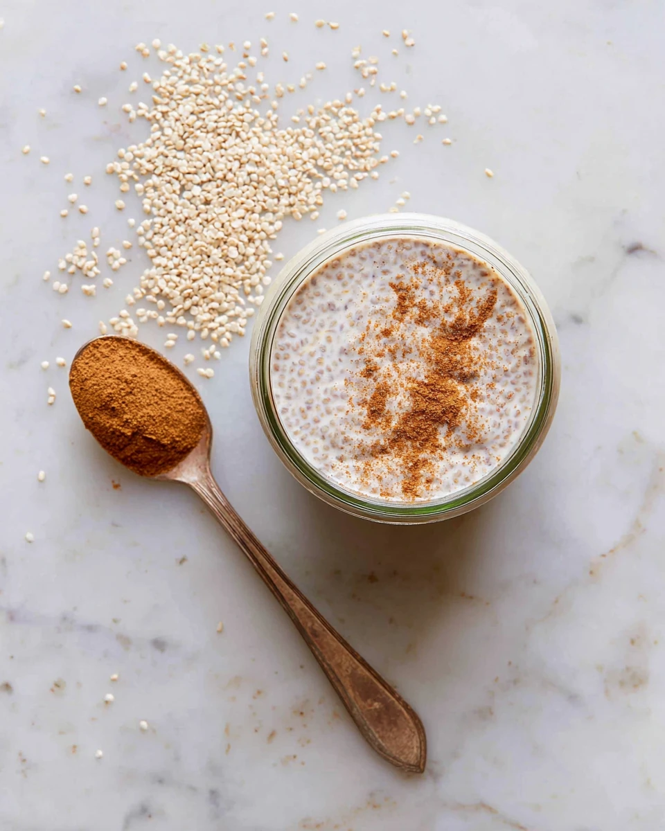 Chia seed pudding ingredients: almond milk, chia seeds, maple syrup, cinnamon.