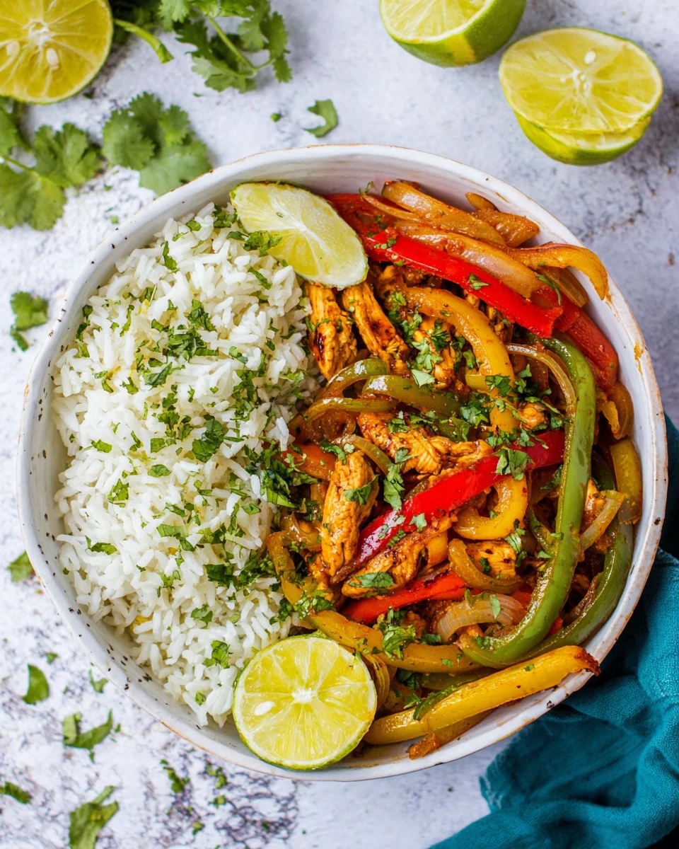 Easy chicken fajita bowls full of colorful veggies and rice.