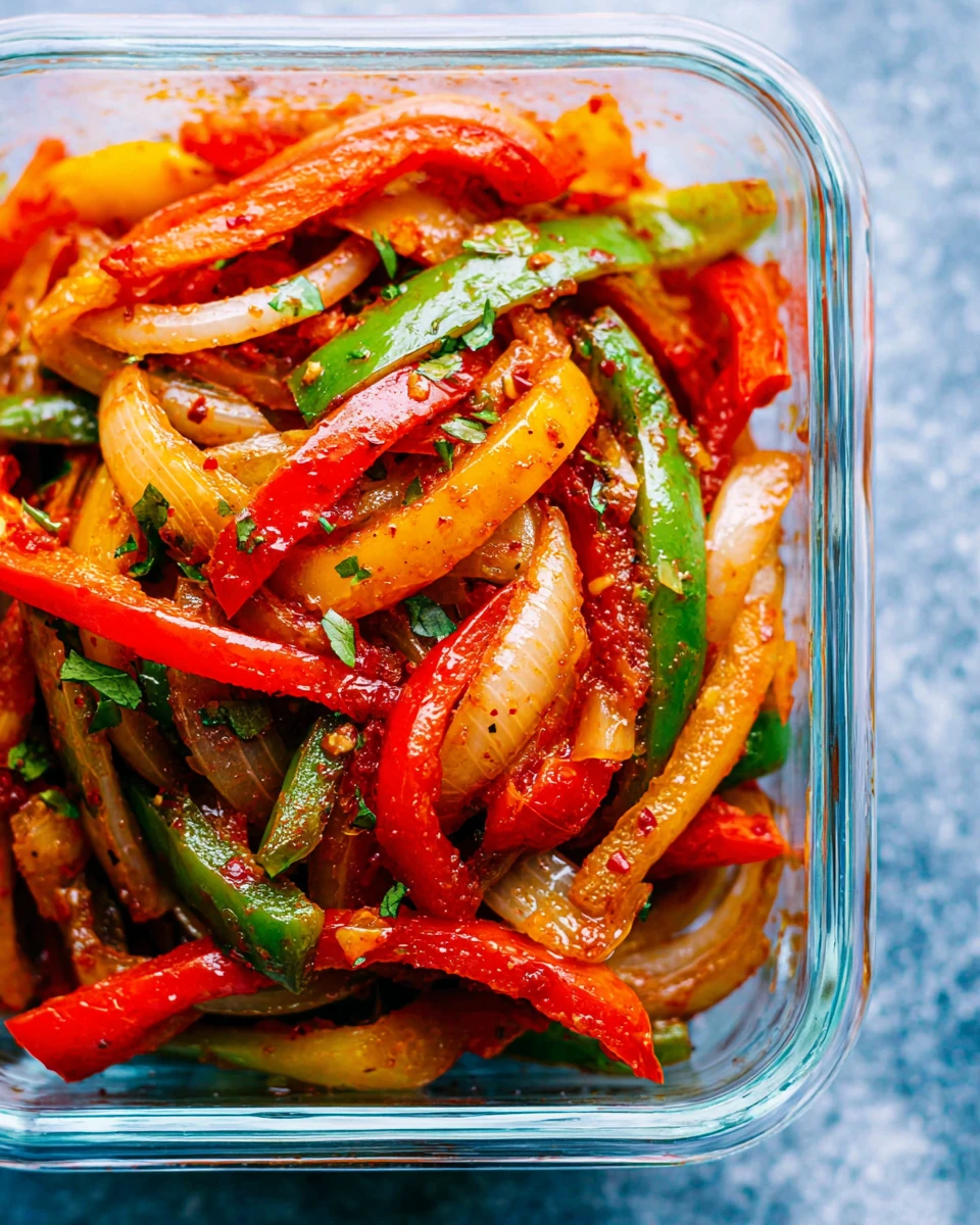 Savory chicken fajita meal prep with peppers & onions.