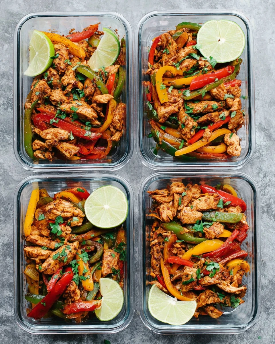 Chicken fajita meal prep with vibrant peppers ready for the week.