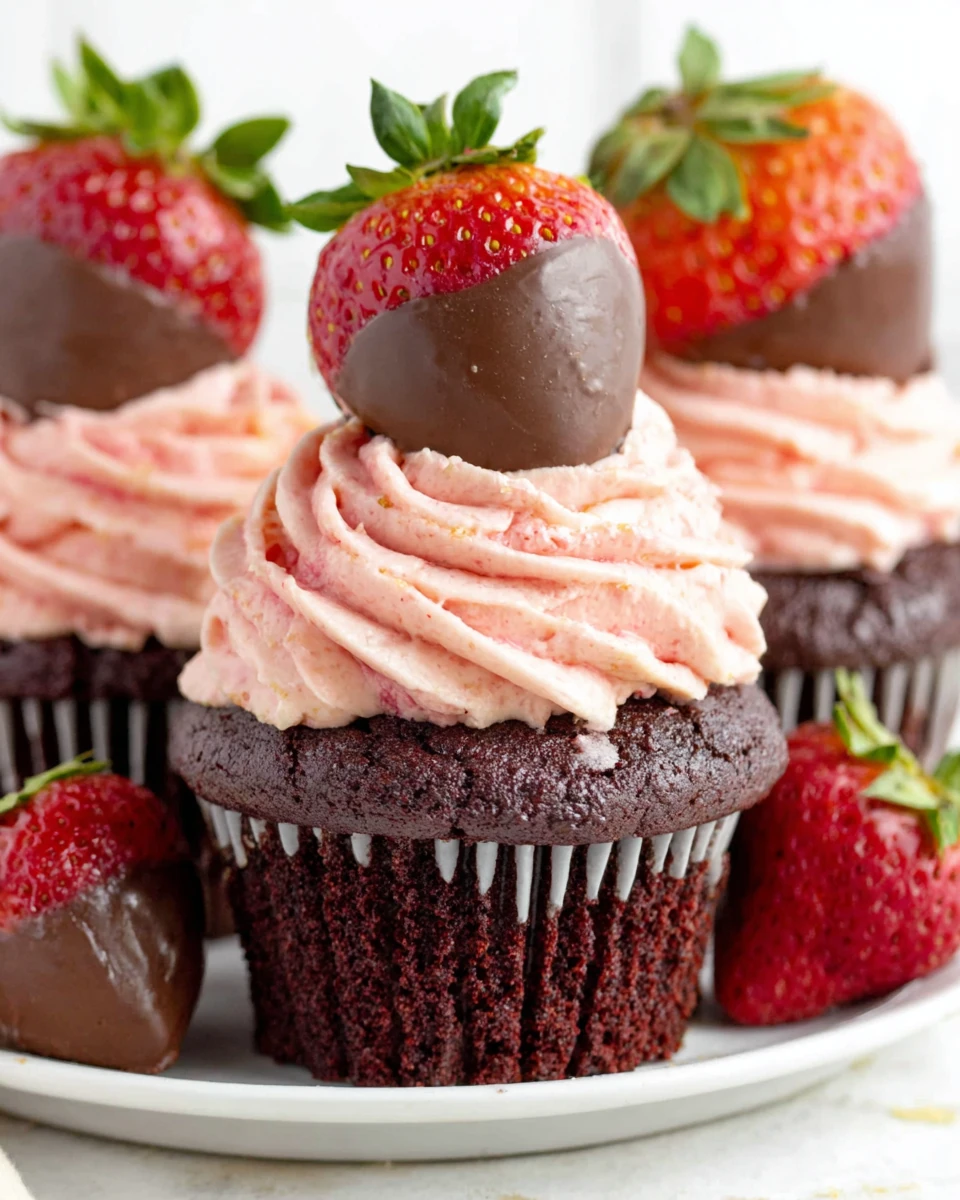 Chocolate covered strawberry cupcakes look delicious and inviting.