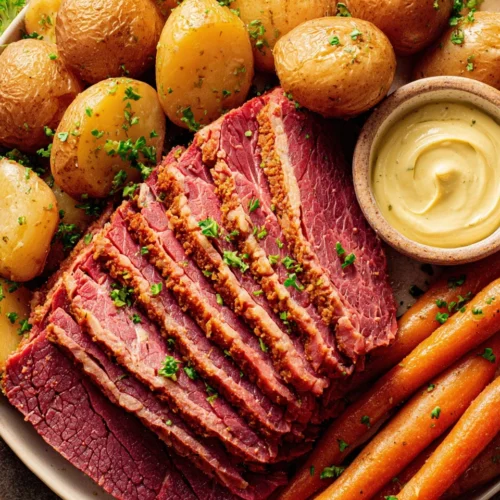 Corned beef with potatoes and carrots, perfect for hearty meals.