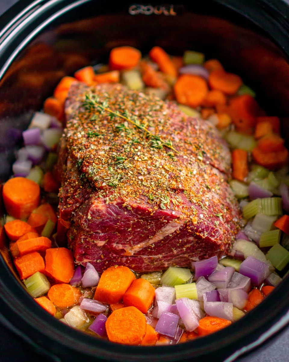 Corned beef brisket with vegetables ready for slow cooking