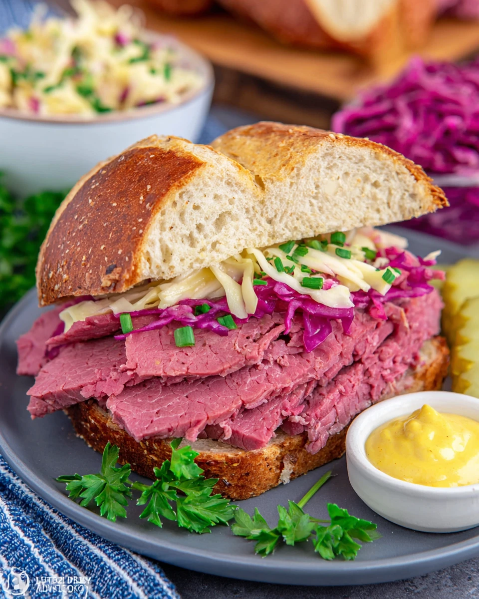 Corned beef brisket sandwich served with mustard and slaw.