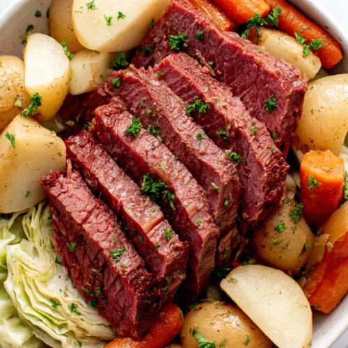 Delicious crock pot corned beef with vegetables.
