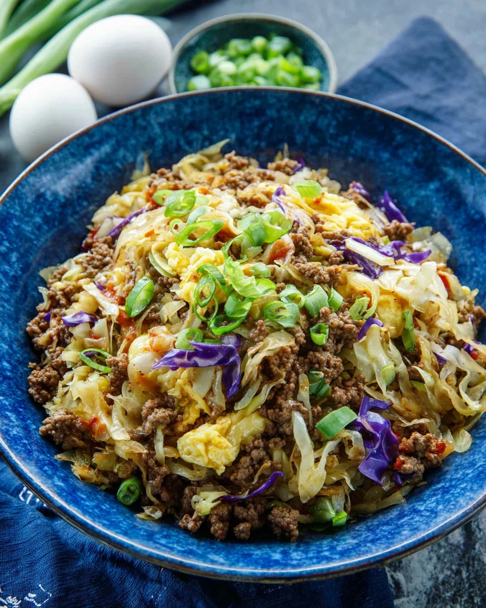 Delicious egg roll in a bowl with ground beef and cabbage.