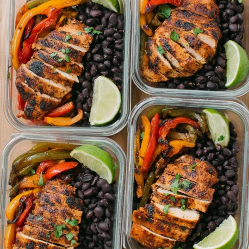 Fajita meal prep with chicken, peppers, and black beans.
