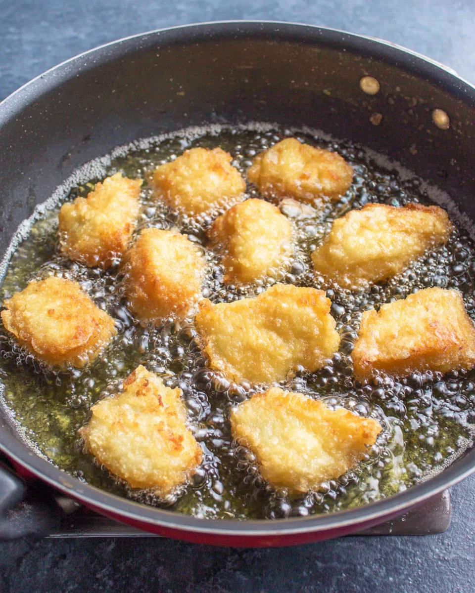 Crispy firecracker chicken pieces frying in oil.
