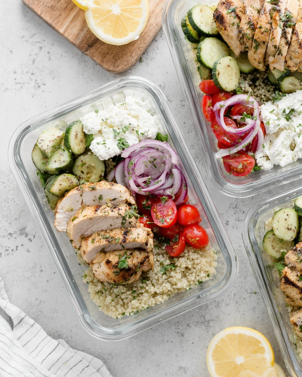 Greek chicken meal prep with quinoa and fresh veggies