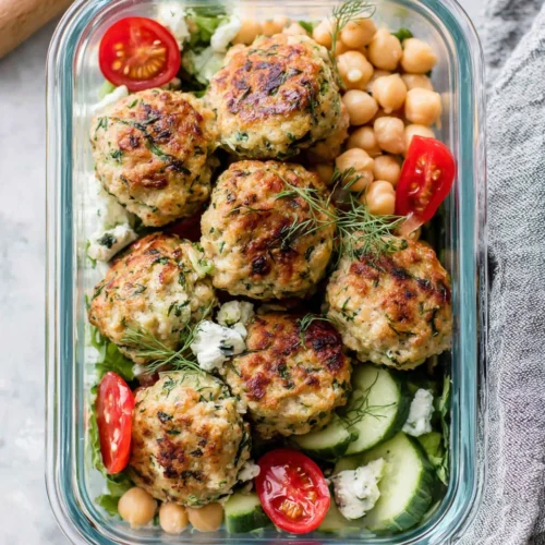 Healthy Greek turkey meatballs with chickpeas and tomatoes.