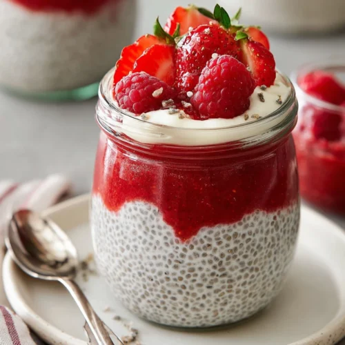 Greek yogurt chia pudding with strawberries and raspberry sauce