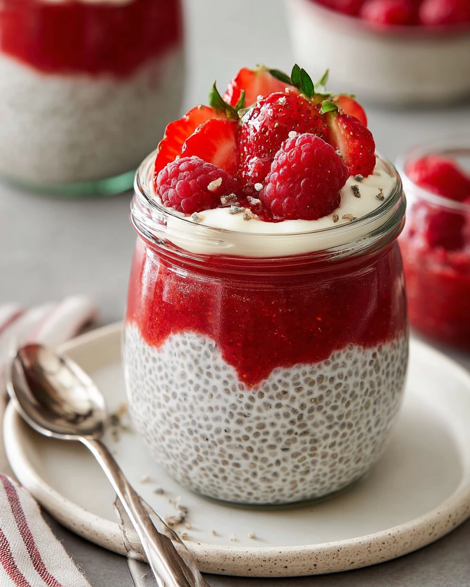 Greek yogurt chia pudding with strawberries and raspberry sauce