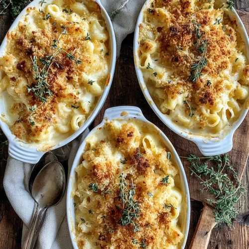 Delicious Guinness mac and cheese topped with breadcrumbs and thyme