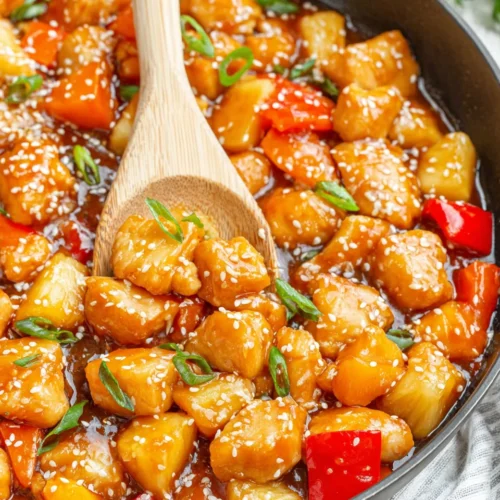 Delicious Hawaiian chicken with pineapple and red bell peppers.