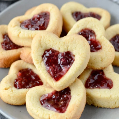 Heart cookies topped with raspberry jam for a sweet treat.