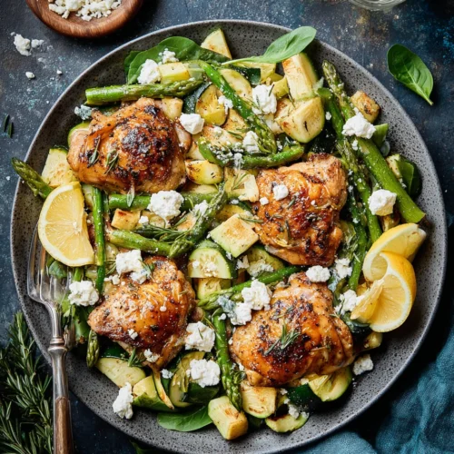Herb roasted chicken with vegetables and feta.