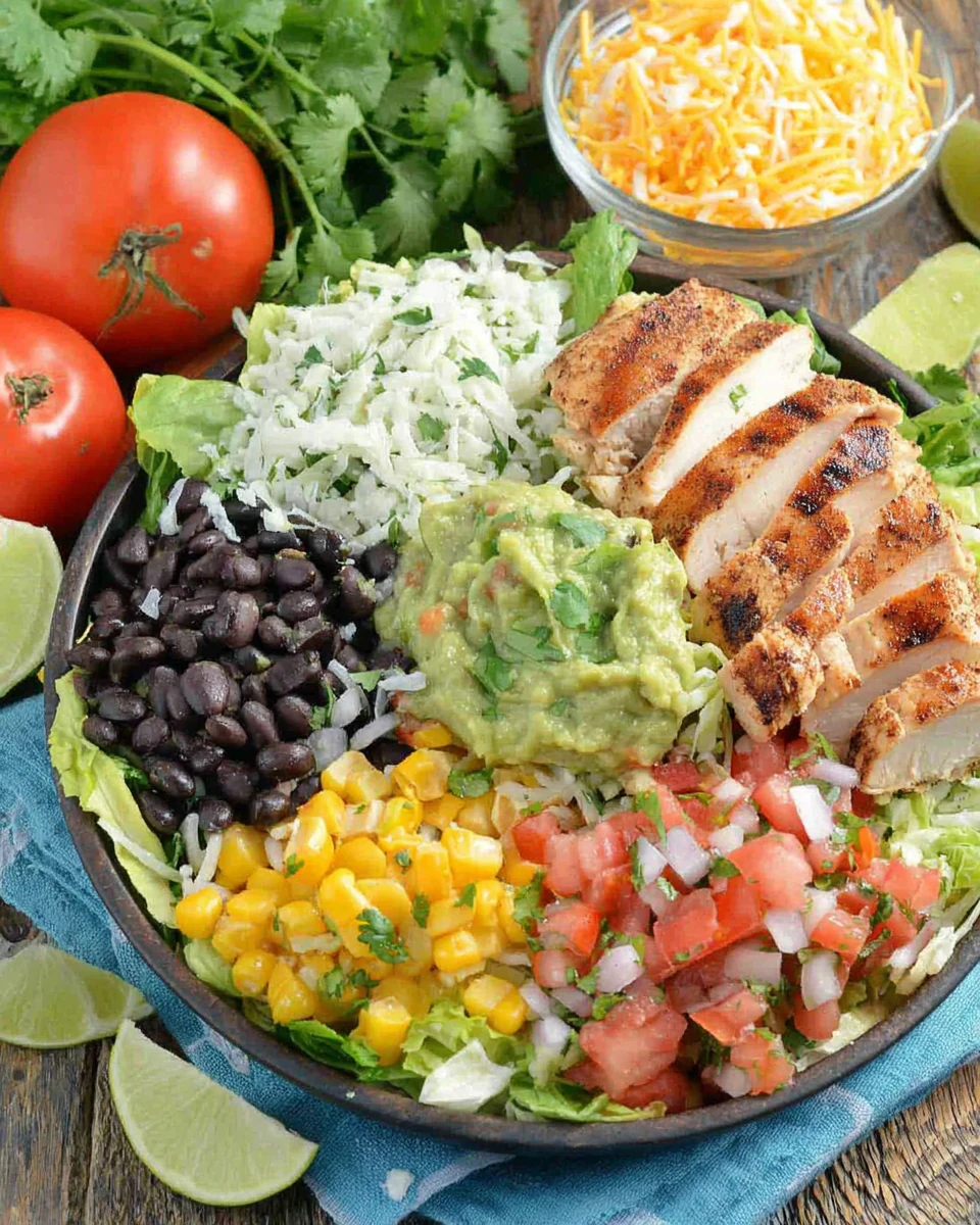 High protein burrito bowl packed with chicken, beans, and veggies.