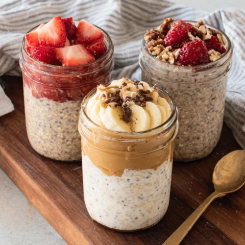 High protein overnight oats topped with fruits and nuts.