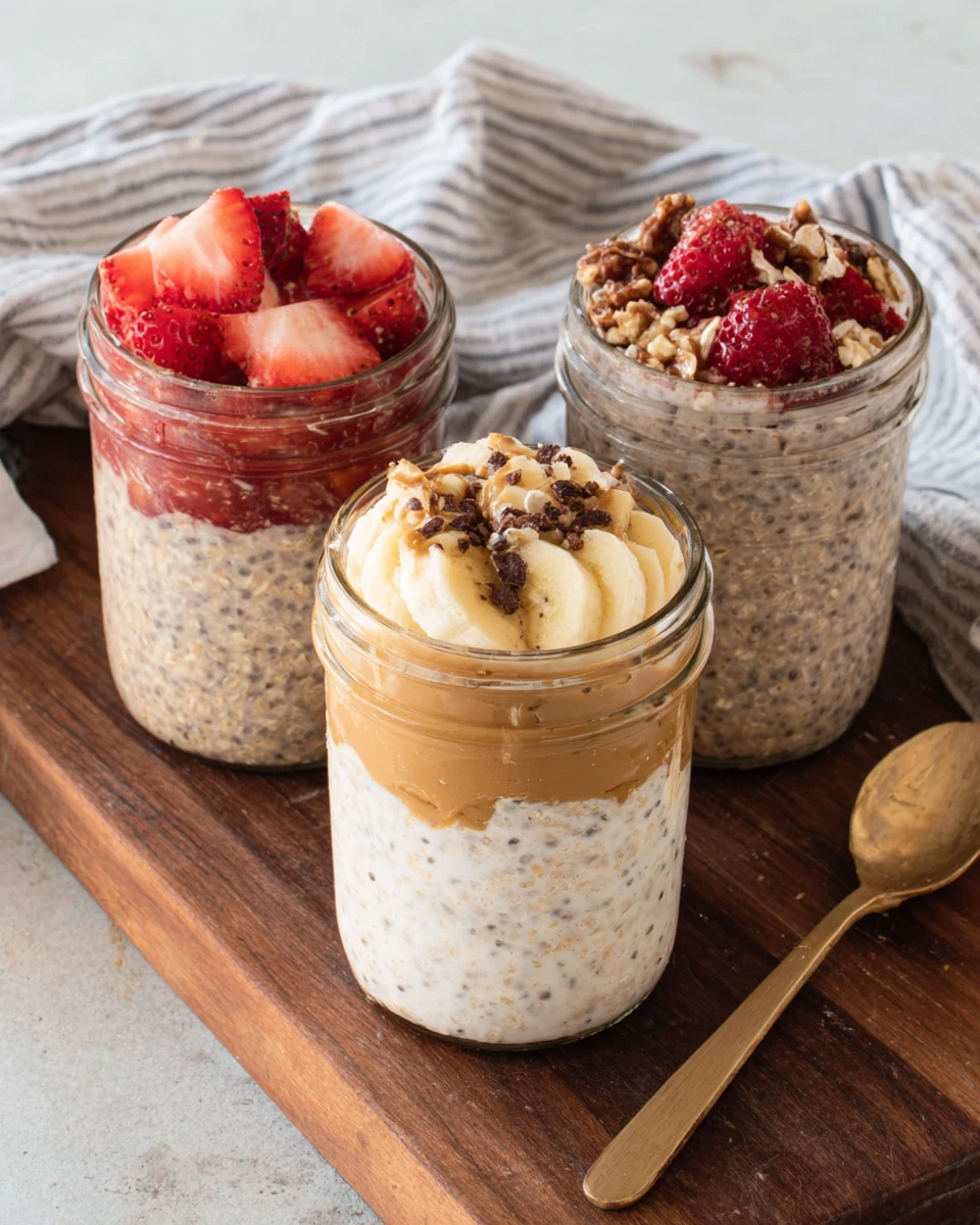 High protein overnight oats topped with fruits and nuts.