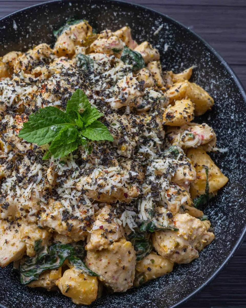 High protein pasta recipe with creamy sauce and spinach