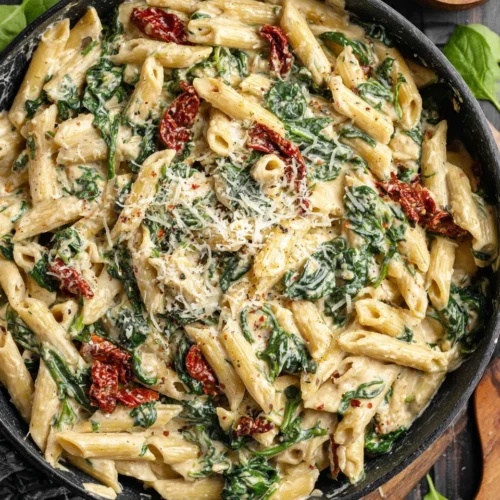 Creamy high protein pasta with spinach and sun-dried tomatoes.