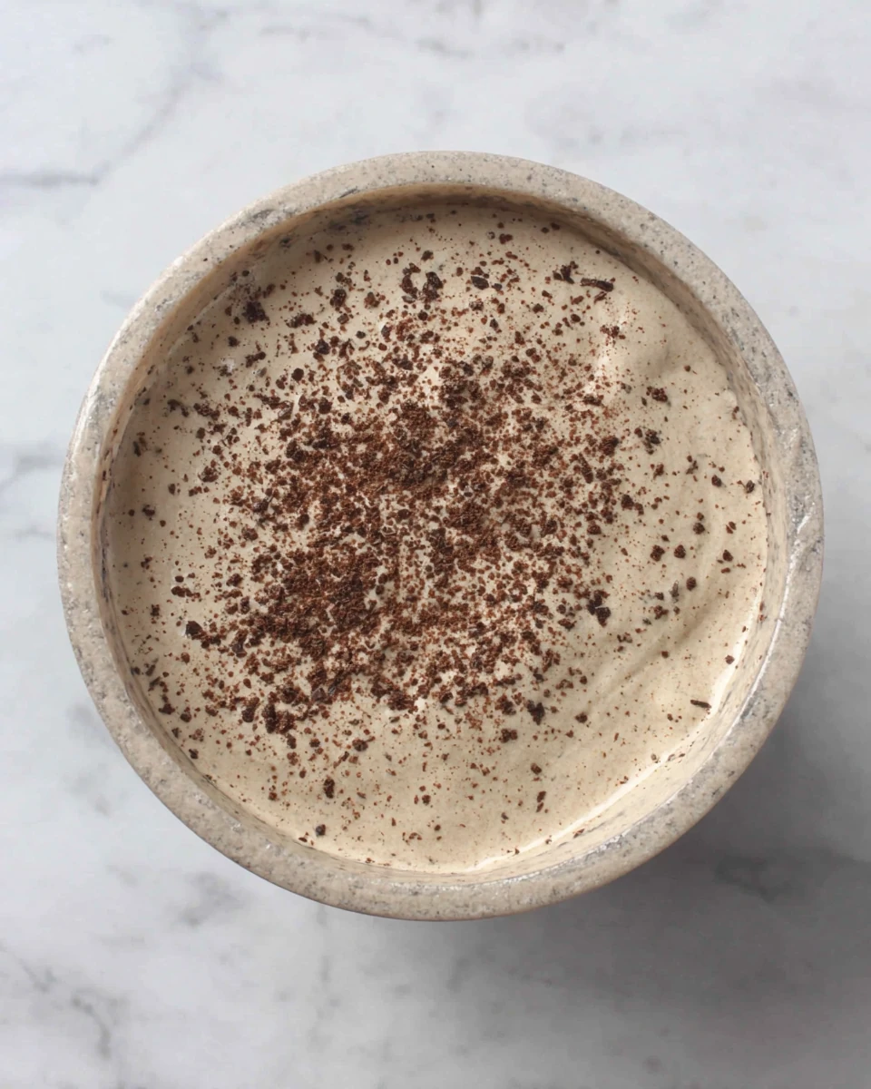 High protein tiramisu blend in a cup, creamy and nutritious.