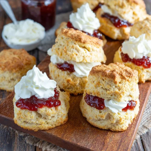Delicious Irish scones with cream and jam.