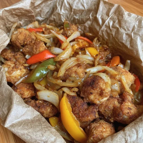 Tasty Irish spice bag with chicken, fries, and peppers.