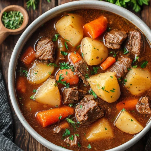 Delicious irish stew with tender meat and vegetables