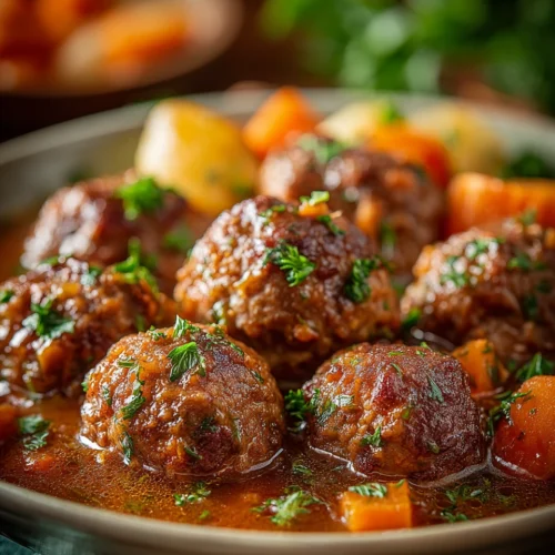 Delicious Irish stew meatballs in a rich gravy.