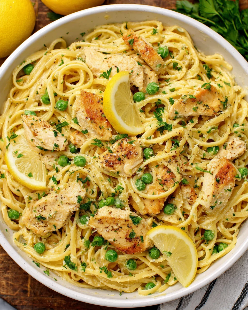 Creamy lemon chicken pasta with peas and lemon slices